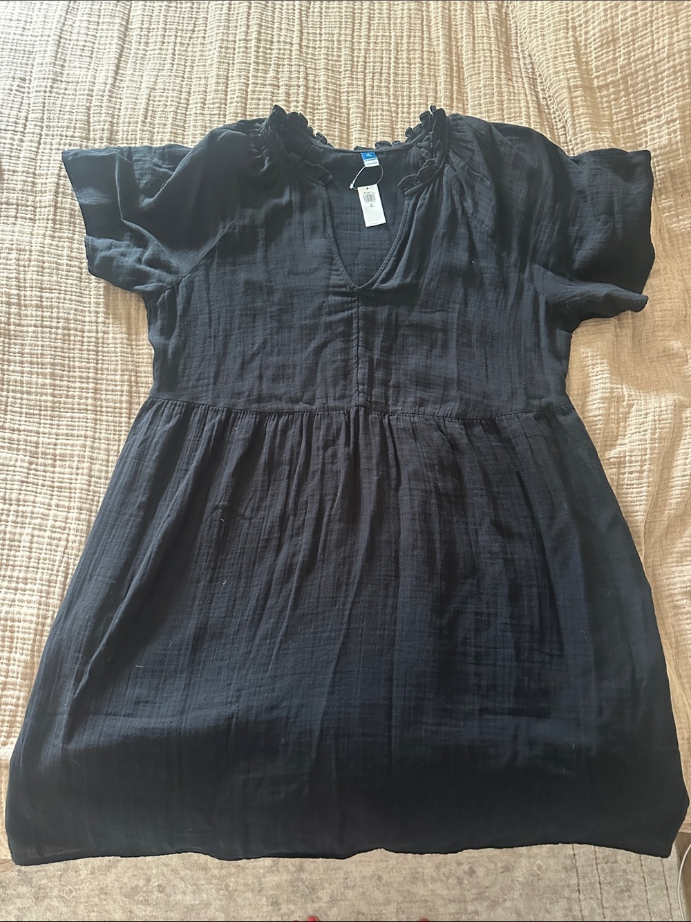 Black Textured V-Neck Babydoll Dress